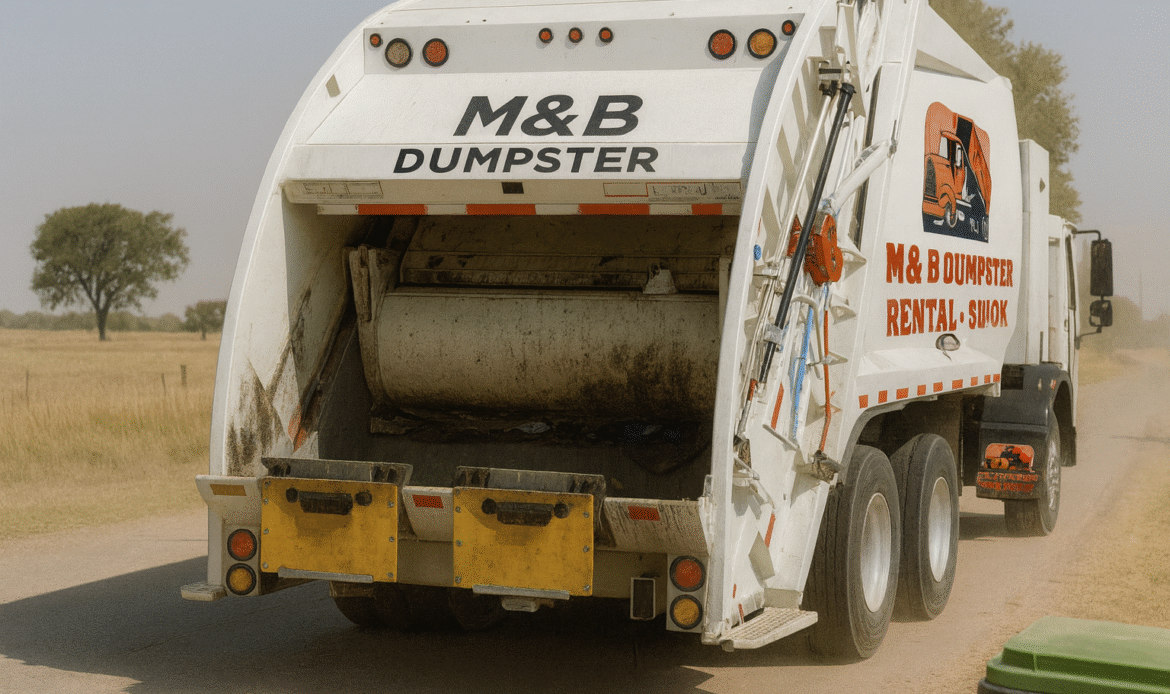 A garbage truck picking up trash in rural southwest oklahoma